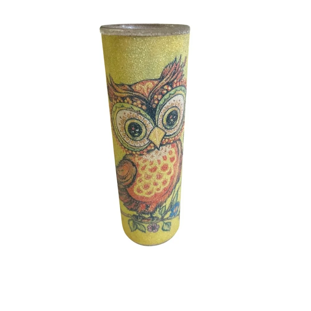 Vintage‎ Glitter Owl Glass Vase Yellow Cylindrical Decorative Floral Accent
